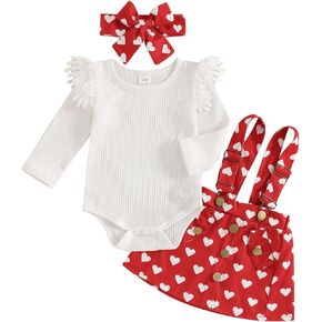 Madjtlqy Toddler Baby Girl Valentine's Day Outfit Ribbed Long Sleeve Romper Tops + Suspender Skirt + Headband