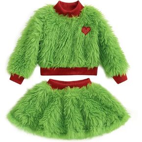 Toddler Baby Girl Christmas Outfit Green Furry Sweatshirt Tops Skirts Set Infant Fall Winter Christmas Clothes