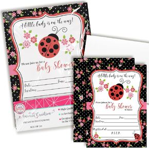 Amanda Creation Red Ladybug Baby Shower Invites for Girls, 20 5x7 Double Sided Fill In Ladybug Baby Shower Invitations with Twenty White Envelopes Lady Bug Baby Shower Theme Cards It’s a girl