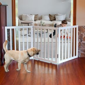 ZJSF Freestanding Indoor Dog Gate for House Foldable Wood White Puppy Gate for Doorways Pet Gate for Stairs Extra Wide Pet Fence 28" Height 6 Panels