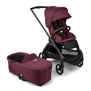 Bugaboo Dragonfly City Stroller with Full-Size Baby Bassinet and Toddler Seat, One Hand Easy Fold in Any Position, Full Suspension, Large Basket, Black Chassis and Dark Cherry Sun Canopy