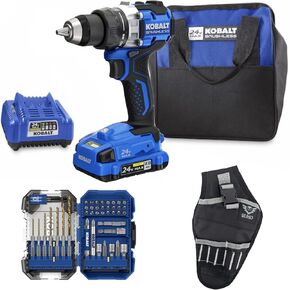 Kobalt Drill Set Bundle with Drill, Battery, Charger, Tool Bag, Multipurpose Drill Bit Set and Buho Drill Holster, 24-volt Max 1/2-inch Metal Ratcheting Brushless Cordless Drill