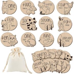 Wesiti 12 PCS بطاقات معلمة Wooden Wooden Baby مع حقيبة الكتان شهرية علامة علامة أقراص علامات الإعلان عن هدايا استحمام الطفل نمو الحمل (نمط حيوان) in Kuwait