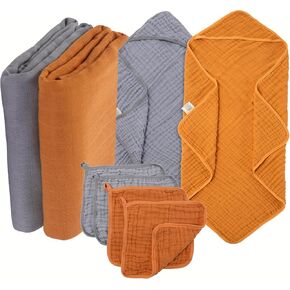 Baby Essentials Set 100% Muslin Cotton Baby Hooded Bath Towels, Baby Swaddle Blankets, Baby Wash Cloths, Extra Soft & Highly Absorbent for Newborns, Infants, Toddlers