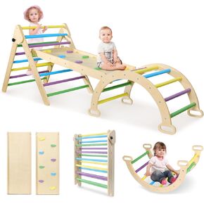 Pikler Triangle Set, 7 in 1 Montessori Climbing Set with Sliding and Climbing Ramp, Foldable Toddler Climbing Toys Indoor, Climbing Toys for Toddlers 1-3 Inside, Rainbow