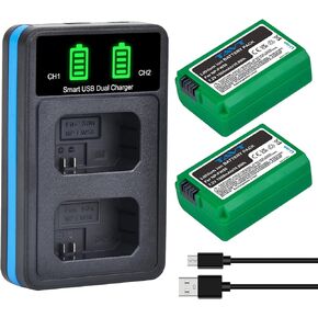 2-Pack NP-FW50 Battery with Dual USB Charger with Smart LED Display for Sony ZV-E10, Alpha A6000, A6300, A6400, A6500, A5100, A5000, A7S, A7S II, A7R, A7, A7 II,RX10, RX10 II, NEX-3, NEX-5 Camera