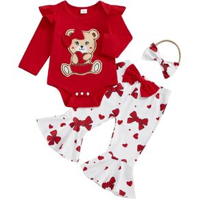 My First Valentines Day Toddler Baby Girl Outfit Red Heart Long Sleeve Ribbed Romper Flare Pants Valentines Clothes