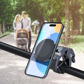 Magnetic Stroller Phone Holder, Phone Magnet Mount with Upgraded Clamp, Metal Alloy, 3 Metal Rings - Stroller Phone Mount, Stroller Accessories, Handlebar Phone Holder for Gym, Peloton Bike