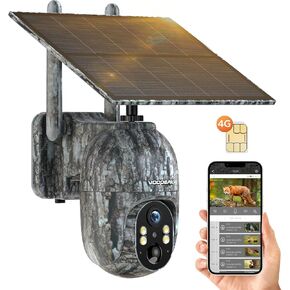 VOOPEAK 4G LTE Cellular Trail Camera, Solar Powered 2.5K Live Streaming Pan 355°Tilt 90° Remote Adjustment 4G Game Camera Include SIM Card with Night Vision Motion Activated Waterproof