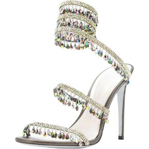 Rhinestone Tassel Wrap Around High Heels Stiletto Sandals for Women, Women's Colorful Diamonds Twist Around Open Round Toe Lace up Heeled Sandals Date Banquet Dress Wedding Prom High Heeled Shoes in Saudi Arabia
