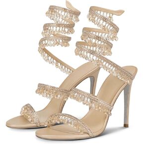 Rhinestone Tassel Wrap Around High Heels Stiletto Sandals for Women,Women's Colorful Diamonds Twist Around Open Round Toe Lace up Heeled Sandals Date Banquet Dress Wedding Prom High Heeled Shoes