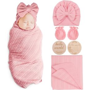 Newborn Receiving Blanket Wheat-Pattern Baby Girl Swaddles Wraps with Bow Hat Mittens Wooden Card for Newborns Toddler Gift Baby Essentials