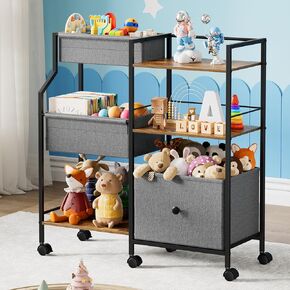 Kids Toy Storage Organizer Rolling Cart - Detachable Dividers Design, Wood Shelf for Book Storage, Fabric Drawer for Plush Toys, Kids Room Playroom Toy Storage Nursery