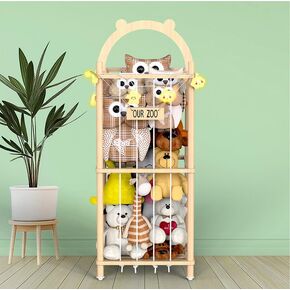 Movable Natural Wood Stuffed Animal Zoo Storage, Patterned Stuffed Animal Storage with Zoo Theme, Elastic Band-Equipped Stuffed Animal Holder, Plushies Storage for Nursery, Play Room, Bedroom
