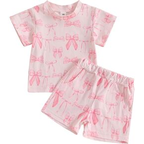 Lamuusaa Toddler Baby Girl Outfits Short Sleeve Bow Print T-shirt Tops Eastic Waist Shorts 2Pcs Summer Clothes 0-3T