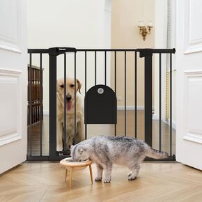 Babelio Auto Close Baby Gate with Cat Door, 29-43" Metal Gate for Doorway, Stairs, House, Easy Walk Thru with pet Door, Includes 4 Wall Cups and 3 Extension Pieces, Black