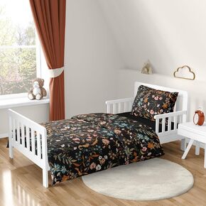 Sweet Jojo Designs Boho Wildflower Vintage Floral Girl Toddler Bedding Set 5p Bed in a Bag Comforter Blanket Pillowcase Sham Sheets Black Orange Teal Bohemian Farmhouse Botanical Paisley Cottagecore