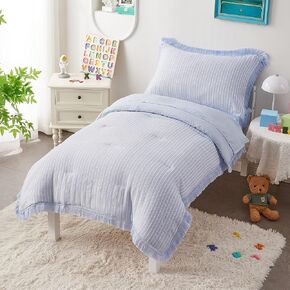 VIVILINEN 4 Piece Toddler Bedding Sets for Girls Blue Tassel Fringe Toddler Bed Sets Comforter Set Jacquard Stripe Baby Crib Bed Sheets Set (Blue, Toddler - 4 Piece Set)