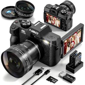 48MP Digital Cameras for Photography with WiFi & App Control,4K Autofocus Vlogging Camera for YouTube with 16X Zoom, Anti-Shake, 32GB TF Card, Dual Batteries, 52mm Wide Angle & Macro Lens