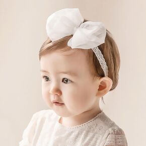 Baby Girls Bow Lace Headband Cute Pink Soft Hairband White Butterfly Knot Headbands for Newborn Infants Toddlers Kids Christening Baptism Party Hair Accessories