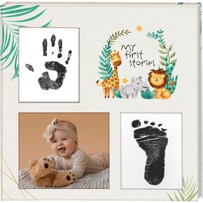 Baby Milestone Book,Safari Animals Baby Keepsake Journal, Baby Memory Book, Set Inkless Hand And Footprint, Baby Books For Parenst Keepsak, Baby Scrapbook Unisex, Sand Linen, 10 * 10 inches