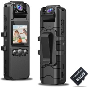 Mini Body Camera, Portable 1080P Body Cam with 180° Rotatable Lens, 64GB Memory Card, Motion Detection, Night Vision, Wearable Small Personal Body Worn Camcorder Video Recorder