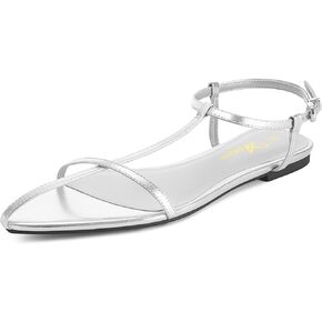 Athlefit Flat Sandals for Women Comfortable Buckle Strappy Sandals Pointed Open Toe Ankle Strap Sandals