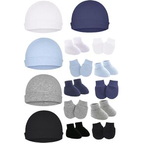 Cotton Baby Hats Mittens and Socks Set Unisex, Toddler No Scratch Mittens and Beanie Cap Infant Newborn Hospital Hat in Kuwait