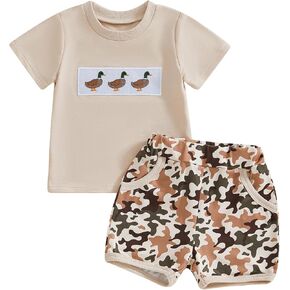 Toddler Baby Boy Hunting Clothes Mallard Duck Short Sleeve T-Shirt Tops Camo Shorts Set 2 Piece Summer Outfits