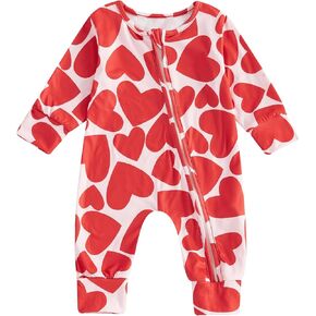 Sasaerucure Infant Baby Boy Girl Valentines Outfit Heart Jumpsuit Newborn Baby Zipper Long Sleeve Romper Onesie