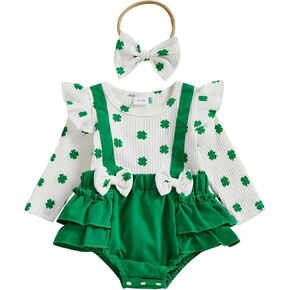 Lamuusaa Newborn Baby Girl St. Patricks Day Outfit Long Sleeve Four Leaf Clover Romper Ruffle Bodysuit Headband 0-18M