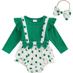 Lamuusaa Newborn Baby Girl St. Patricks Day Outfit Long Sleeve Four Leaf Clover Romper Ruffle Bodysuit Headband 0-18M