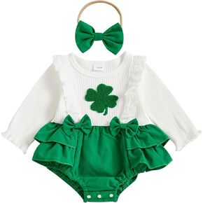BemeyourBBs St Patricks Day Baby Girl Outfit Shamrock Long Sleeve Bubble Romper Jumpsuit Headband Infant Cute Spring Clothes