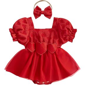 Baby Girl Valentines Day Outfit Bubble Short Sleeve Heart Mesh Tulle Tutu Romper Dress Wedding Photoshoot Clothes