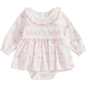 KMBANGI Mama's Mini Baby Girl Outfit Newborn Baby Girl Long Sleeve Romper Bowknot Smocked Romper Spring Fall Clothes 0-18M