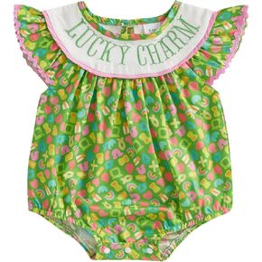 Newborn Baby Girl Bubble Romper Lucky Charm Ruffle Sleeve Cartoon Smocked Jumpsuit My 1st St Patricks Day Outfit