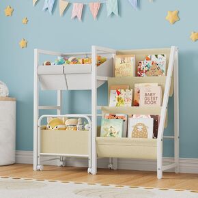 3-Tier Kids Bookshelf and Toy Organizer, Toy Storage Cabinet with Movable Drawer, Montessori Baby Toddler Book Shelf with 2 Toy Bins for Playroom, Bedroom, Nursery (White,Style 1)