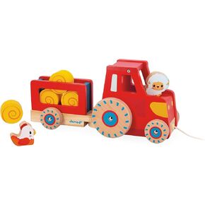 Janod Farm Wooden Pull Along Tractor Playset with Hen, Haybales, and Trailer - Ages 12 Months - 3 Years - J03317
