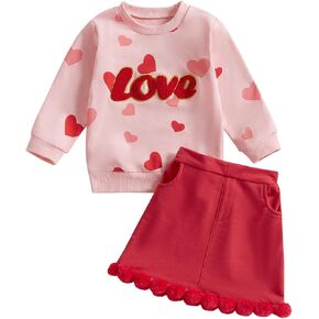Toddler Girl Valentines Day Outfits Letter Heart Print T-Shirt A-Line Mini Skirts Dress Girls Valentine's Day Dresses