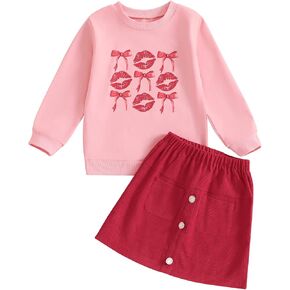Toddler Girl Valentines Day Outfits Letter Heart Print T-Shirt A-Line Mini Skirts Dress Girls Valentine's Day Dresses in Kuwait