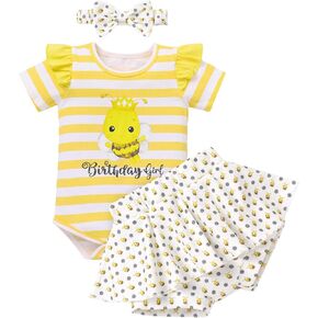IBTOM CASTLE Baby Girls 1st Birthday Outfit Stawberry Melon Romper+Ruffled Shorts+Headband 3PCS Summer Photoshoot Clothes Set