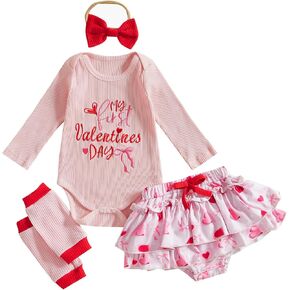 Karuedoo First Valentines Day Baby Girl Outfit Newborn Long Sleeve Knit Romper + Tutu Skirt + Leg Warmer + Headband 4Pcs Sets