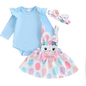 Gueuusu Baby Girl Easter Clothes Ruffle Long Sleeve Romper Bunny/Easter Eggs Print Overall Skirt Dress Cute Newborn Outfit