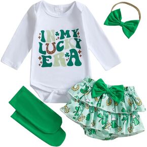 Newborn Baby Girl St Patricks Day Outfit Letter Print Romper Clover Ruffle Skirt Headband Legging Socks Clothes Set