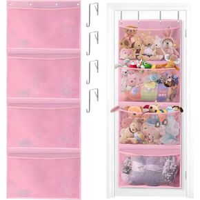 Over The Door Stuffed Animal Storage, Large Plush Toy Organizer with 4 Large Pockets, Hanging Door Organizer for Nursery, Bedroom, Kids Room (WHITE)