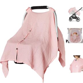 Organic Cotton Muslin Baby Car Seat Cover, Multi Use for Nursing Cover,Breathable Carseat Canopy for Boys Girls (Pink)