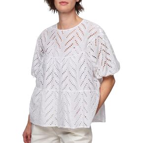 EXLURA Women's Summer Tops Dressy Casual Short Lantern Sleeve Shirts Crew Neck Hollow Out Lace Embroidered Blouses Shirts