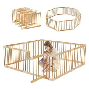 Baby Playpen Door Wooden Fence Large with Door Gate,Wooden Playpen for Babies and Toddlers,Wooden Baby playpen with Door, Changeable & Expandable