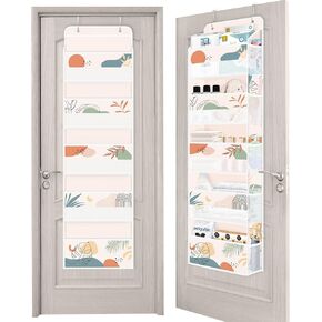 Clastyle Beige Tropical Leaf Over the Door Organizer with 5 Large Pockets Nursery Hanging Storage Organizer for Adult Clothes Diaper Toy Sunset Closet Door Hanging Shelf Storage for Bedroom Bathroom