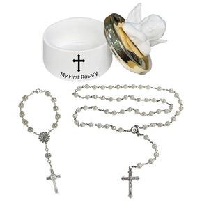 My First Rosary with Ceramic Keepsake Box, Catholic Communion Gift, Baptism Rosary Gifts for Boys and Girls, Shower Rosary Beads, Used for Newborn Baptism Ceremony(White)